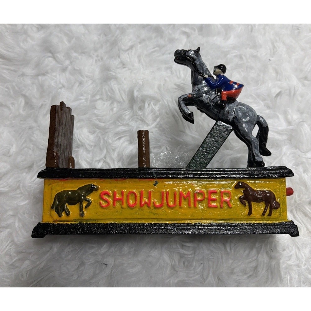 Cast Iron Coin Bank SHOWJUMPER Equestrian Horse Show Heavy Vintage 9" Long Rare